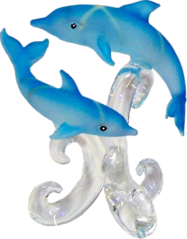 BLUE GLASS DOLPHINS SWIMMING UP & DOWN ON GLASS PEDISTOOL 2 1/2" X 2" X 3 1/4" HAND CRAFTED & HAND PAINTED