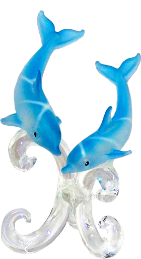 BLUE GLASS DOLPHINS SWIMMING DOWN ON GLASS PEDISTOOL 
 2 1/4" X 2 3/4" X 3 3/4" HAND CRAFTED & HAND PAINTED