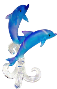 BLUE GLASS DOLPHINS SWIMMING UP ON GLASS PEDISTOOL
 2 3/8" X 2 3/4" X 3 5/8" HAND CRAFTED & HAND PAINTED