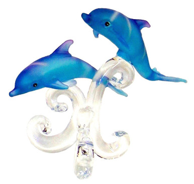 BLUE GLASS DOLPHINS SWIMMING SIDE BY SIDE ON GLASS PEDISTOOL 3 5/8" X 2 3/8" X 3 5/8" HAND CRAFTED & HAND PAINTED
