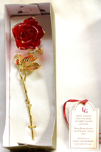 RED GLASS ROSE 22K GOLD 1 3/4" X 1 3/8" X 5 7/8" HAND CRAFTED & HAND PAINTED