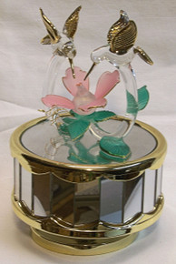 TWO GLASS HUMMING BIRDS OVER FLOWER MUSIC CAROUSEL PLAYS SLEEPING BEAUTY 4" X 4" X 6" HAND CRAFTED & HAND PAINTED