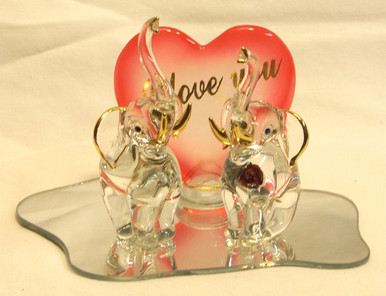 TWO GLASS ELEPHANTS ON GLASS MIRROR WITH I LOVE YOU RED HEART 5" X 3 1/8" X 3 3/8" HAND CRAFTED & HAND PAINTED