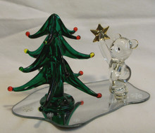 GLASS BEAR DECORATING GLASS CHRISTMAS TREE 
22K GOLD TRIM 5" X 3 1/4" X 3 5/8" HAND CRAFTED & HAND PAINTED
