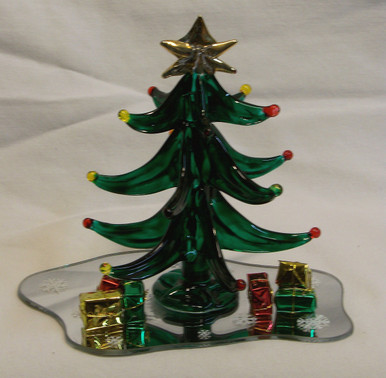 GLASS TREE WITH GIFTS ON MIRROR 22K GOLD TRIM
 5" X 3 1/2" X 4 3/8" HAND CRAFTED & HAND PAINTED