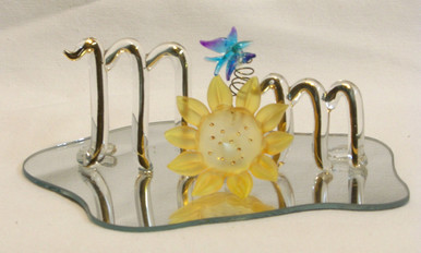 GLASS SCRIPT "MOM" WITH SUNFLOWER & BUTTERFLY 
22K GOLD TRIM 5" X 3 3/16" X 1 5/8" 
HAND CRAFTED & HAND PAINTED