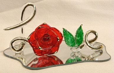 GLASS SCRIPT "LOVE" W/ROSE & LEAVES ON MIRROR 22K GOLD TRIM 5" X 3 1/4" X 2 1/4" HAND CRAFTED & HAND PAINTED