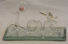 GLASS SCRIPT "LOVE" W/FLOWERS & HUMMING BIRD ON MIRROR 22K GOLD TRIM 4 1/4" X 2 1/8" X 2 1/4" 
HAND CRAFTED & HAND PAINTED