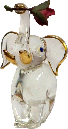 GLASS BABY ELEPHANT WITH FLOWER 22K GOLD TRIM
1 7/8" X 1 3/8" X 2 1/2" HAND CRAFTED & HAND PAINTED