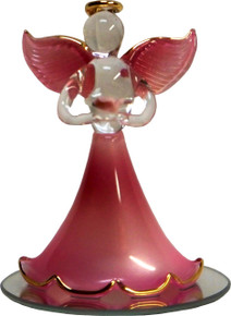 GLASS PINK ANGEL W FLOWER ON MIRROR 22K GOLD TRIM
 2 1/2" X 2 1/2" X 3 5/16" HAND CRAFTED & HAND PAINTED