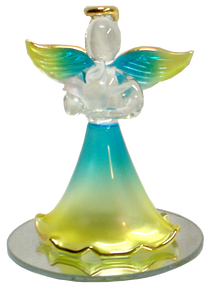 GLASS BLUE & YELLOW ANGEL WITH DOVE ON MIRROR
 22K GOLD TRIM 2 1/2" X 2 1/2" X 3 5/16" HAND CRAFTED & HAND PAINTED