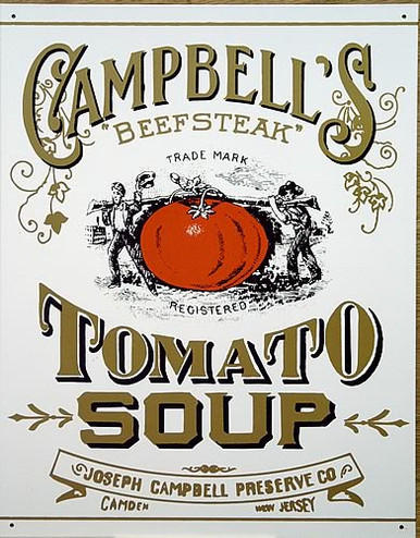 Photo of CAMPBELL'S  TOMATO SOUP LABEL ON THEIR 1865 CANS, FROM THEIR VERY EARLY DAYS, THIS OLD TIME SIGN HAS GREAT VINTAGE DETAILS AND COLOR, CAMDEN, N.J.