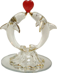GLASS DOLPHINS WITH HEART ON MIRROR 22K GOLD TRIM 
2 1/2" X 2 1/2" X 3" HAND CRAFTED & HAND PAINTED