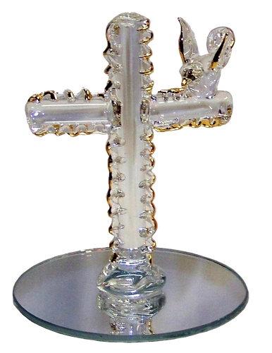 GLASS CROSS WITH DOVE ON MIRROR 22K GOLD TRIM 
2 1/2" X 2 1/2" X 3" HAND CRAFTED & HAND PAINTED