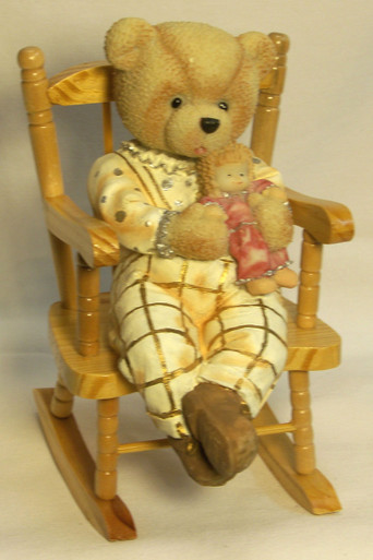 GIRL BEAR CUB W/DOLL ON WORKING WOOD ROCKING CHAIR (2) ONLY TWO LEFT 3 1/2" X 5" X 6 1/4"