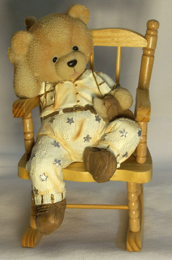 BOY BEAR CUB W/PUPPY ON WORKING WOOD ROCKING CHAIR (2) 3 1/2" X 5" X 6 1/4"  ONLY TWO LEFT