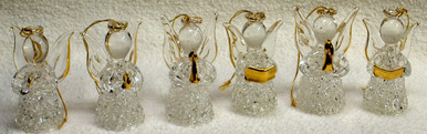 SIX MINITURE GLASS CHRISTMAS ANGEL TREE ORNIMANTS
 22K GOLD TRIM  HAND CRAFTED & HAND PAINTED
EACH MEASUREING APOX.  1" X 1" X 1 7/8"