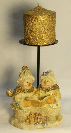 FROSTED SNOW COUPLE SINGING CHRISTMAS CAROLS W/ CANDLE HOLDER AND CANDLE (3) ONLY THREE LEFT 
 4 1/4" X 3 1/2" X 9"