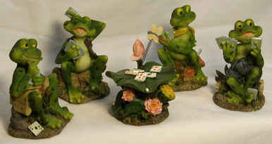 FOUR FROGS PLAYING CARDS W/CARD TABLE   IN STRAIGHT ROW/12" X 2 1/2" X 3 1/2"
