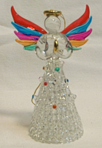 GLASS ANGEL WITH RAINBOW COLORED WINGS 22K GOLD TRIM
 2 1/4" X 1 1/2" X 3 3/4" HAND CRAFTED & HAND PAINTED