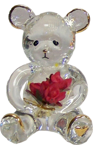 GLASS BEAR CUB WITH BOUQUET OF FLOWERS 22K GOLD TRIM 
1 3/4" X 1 5/8" X 2 5/8" HAND CRAFTED & HAND PAINTED