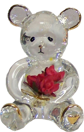 GLASS BEAR CUB WITH BOUQUET OF FLOWERS 22K GOLD TRIM 
1 3/4" X 1 5/8" X 2 5/8" HAND CRAFTED & HAND PAINTED