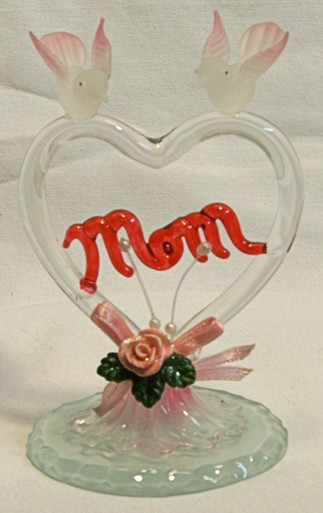 GLASS HEART W/ MOM ACROSS HEART W/DOVES & FLOWERS
 2 5/8" X 2 1/2" X 3 7/8" HAND CRAFTED & HAND PAINTED