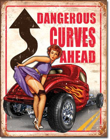 DANGEROUS CURVES HOT ROD VINTAGE TIN SIGN MEASURES 
12 1/2" X 16" WITH HOLES IN EACH CORNER FOR EASY MOUNTING