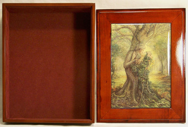 THE DRYAD & TREE SPIRIT JEWELRY BOX WITH LID THAT CAN BE DISPLAYED ON WALL  ART DESIGNS BY JOSEPHINE WALL  A POPULAR ENGLISH FANTASY ARTIST.
THIS JEWELRY BOX CAN BE USED IN SEVERAL DIFFERENT WAYS.
THE LID CAN BE USED PICTURE UP OR WORDS UP OR CAN BE HUNG ON THE WALL, USING THE EYELETS PROVIDED
THE CASE ITSELF IS FELT LINED  AND WITH LID 
MEASURES 8 5/8" X 6 13/16" X 3 1/2"