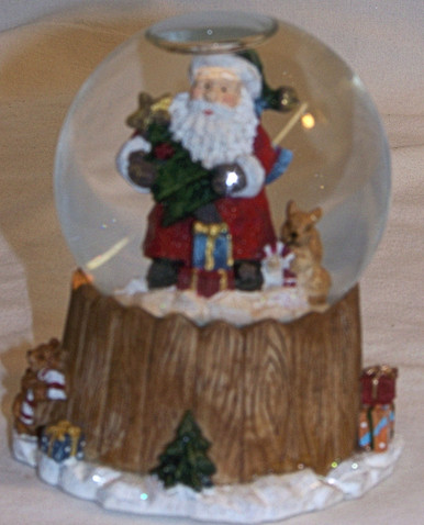 SMALL SNOW GLOBE SANTA WITH SMALL TREE, PRESENTS & SQUIRREL MEASURES 3" X 3" X 3 1/2"