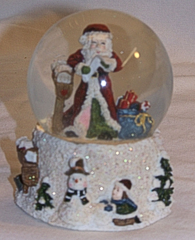 SMALL SNOW GLOBE SANTA READING LETTER BY MAIL BOX MEASURES 2 7/8" X 2 7/8" X 3 1/2"