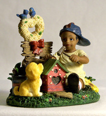AFRICAN AMERICAN LAD BUILDING BIRD HOUSE WITH PUPPY MEASURES 3 3/4" X 2 5/8" X 3 5/8"