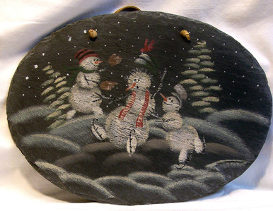 OVAL SLATE WITH LEATHER STRIP FOR HANGING SNOWBALL FIGHT MEASURES 12 5/8" X 1/4" X 9 1/2" AND WEIGHS ABOUT 24 OZ PLEASE BE CAREFUL, THIS IS NATURAL SLATE, IT HAS SOME WEIGHT AND THE EDGES MAY BE VERY SHARP.