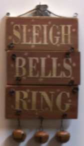 SMALL SLEIGH BELLS RING WOOD AND METAL DECORATION MEASURES  3 5/8" X 3/8" X 7 1/4"
