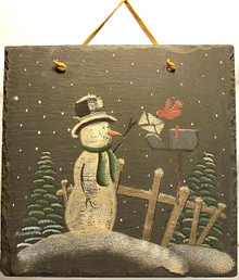 SLATE DECORATION WITH SNOW PERSON & CARDINAL MAILING LETTER (HAS LEATHER STRIP FOR HANGING) MEASURES 9 1/2" X 1/4" X 11 1/4"  (WITH LEATHER STRIP)
AND WEIGHS ABOUT 24 OZ PLEASE BE CAREFUL, THIS IS NATURAL SLATE, IT WEIGHS ABOUT 24 OUNCES AND THE EDGES MAY BE VERY SHARP.