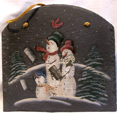 SLATE W/LEATHER STRIP FOR HANGING ARCHED TOP SNOWMEN HAVING SNOWBALL FIGHT  MEASURES 10" X 1/4" X12 1/2"" AND WEIGHS ABOUT 24 OZ PLEASE BE CAREFUL, THIS IS NATURAL SLATE, IT THE EDGES MAY BE VERY SHARP.