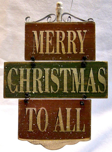 MERRY CHRISTMAS TO ALL SMALL WOOD, WIRE & METAL VINTAGE SIGN MEASURES 4 7/8" X 3/8" X 7"