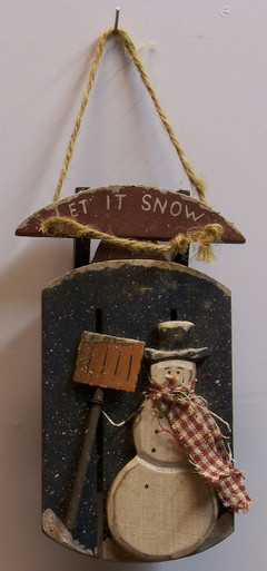 SMALL WOODEN SLED WITH SNOWMAN WOOD DECORATION MEASURES  3 1/4" X 1 3/8" X 2 1/2"