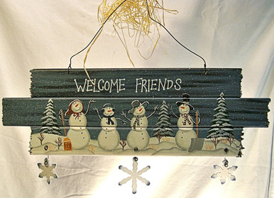 WELCOME FRIENDS WOODEN SIGN WITH ROUGH ENDS WOOD, METAL & WIRE MEASURES 18" X 3/8" X 7"