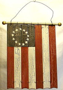 WOOD & WIRE RUSTIC HANGING FLAG 
MEASURES 7 1/4" X 1/2" X 13 1/4"