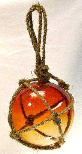 SMALL SUNSET GLASS FLOAT MEASURES 5" X 5" X 10" WITH ROPE