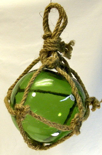 SMALL GREEN GLASS FLOAT MEASURES 5" X 5" X 10" WITH ROPE