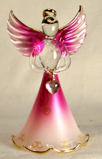 BIRTHSTONE ANGELS OCTOBER (TOURMALINE) GLASS ANGEL HOLDING PINK GLASS HEART 22K GOLD TRIM
 MEASURES 2 3/16" x 2 1/16" x 3 3/4"