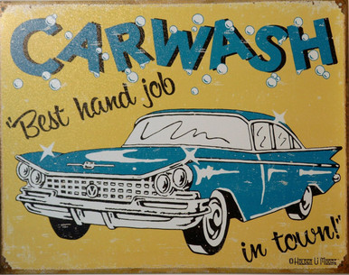 CAR WASH, BEST HAND JOB IN TOWN SIGN HAS 60'S GRAPHICS AND COLORS