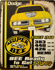 DODGE SUPER BEE VINTAGE TIN SIGN MEASURES 15" X 12" WITH HOLES IN EACH CORNER FOR EASY MOUNTING