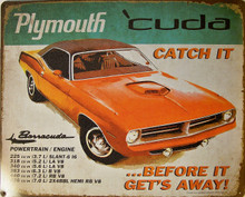 PLYMOUTH CUDA VINTAGE TIN SIGN MEASURES 15" X 12" WITH HOLES IN EACH CORNER FOR EASY MOUNTING