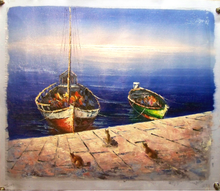 Photo of CATS ON WARF BY BOATS MEDIUM SIZED OIL PAINTING