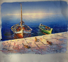 Photo of CATS ON WARF BY FISHING BOATS SMALL SIZED OIL PAINTING