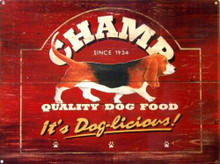 Photo of CHAMP DOG FOOD ENAMEL SIGN, GREAT RICH COLORED BASSET HOUND DOG FOOD SIGN