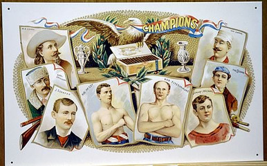 Photo of CHAMPION LABEL, OLD FASHION CIGAR SIGN, WITH OLD TIME PICTURES OF BILL CODY, AXEL PAULSEN, J. SCHAFER, KID McCOY, JIMMY MICHAEL, TOD SLOAN & WM . EWING